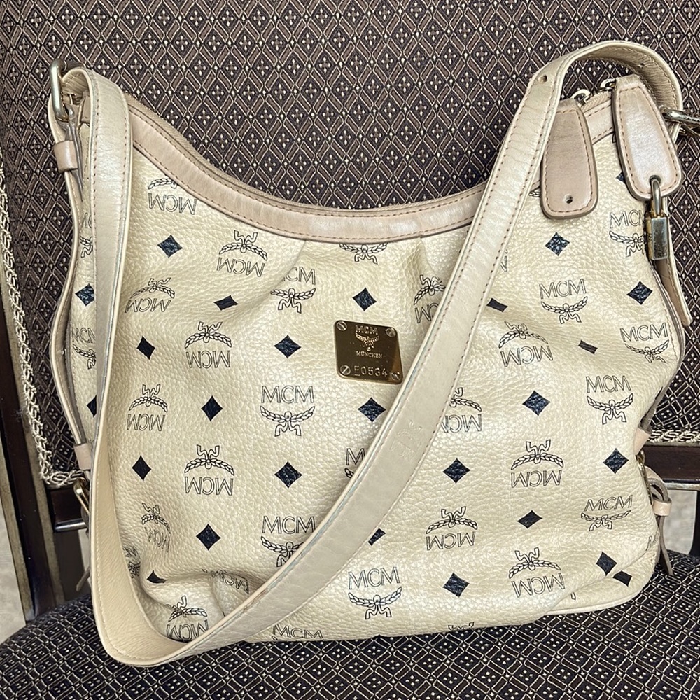 MCM BEIGE VISETOS COATED LOGO CANVAS & LEATHER HOBO SHOULDER OR CROSSBODY BAG